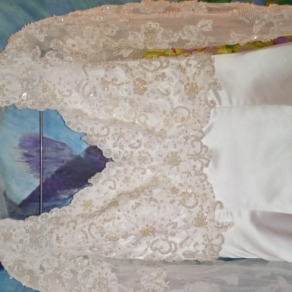 Beautiful white satin beaded sequined net arm sweetheart neckline wedding gown - Picture 3 of 10